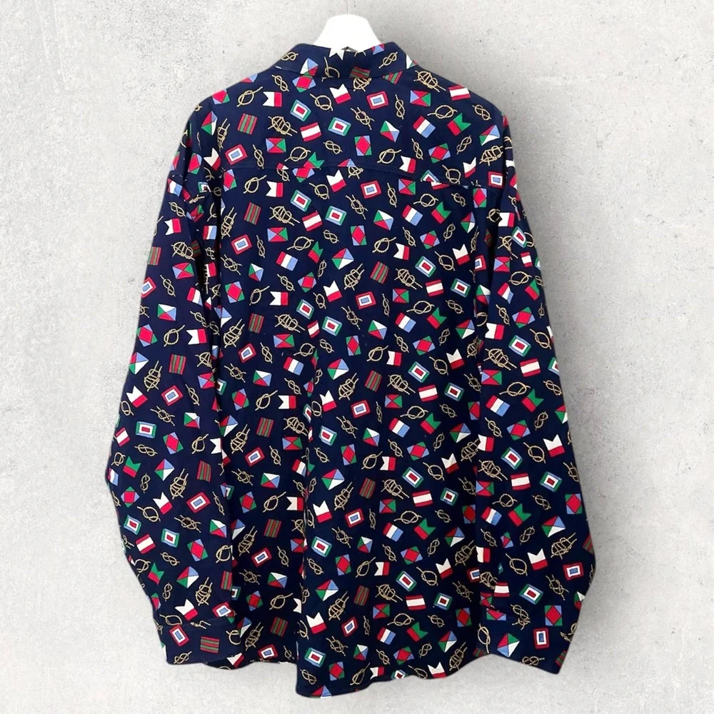 Men's Vintage Nautical Print Button Down Shirt Blue Multi